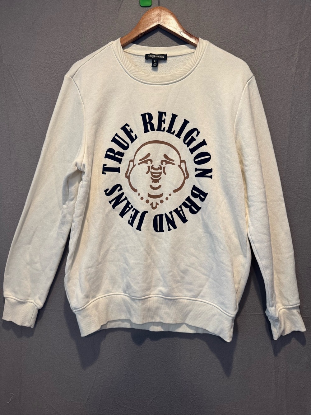 True Religion Cream Crewneck Sweatshirt with Navy Logo